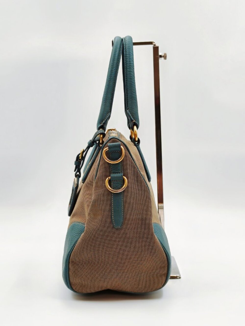 Prada Canapa Canvas Leather Boston Satchel Shoulder Bag Gray Blue - Picture 4 of 16